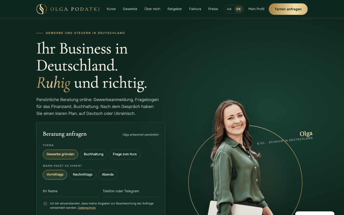 Startseite von Olga Podatki nach dem Relaunch